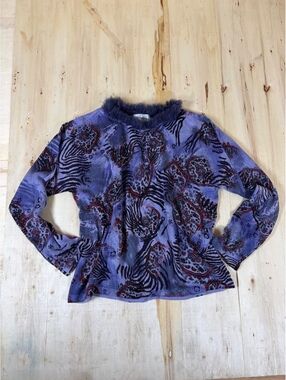 Vintage C.D. Petites Purple Patterned Long Sleeve Top with Fuzzy Collar - Size L
